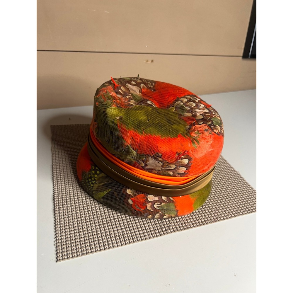 Vintage Paul Bensam Custom Feather Pillbox Hat Orange Green Union Made 1960s